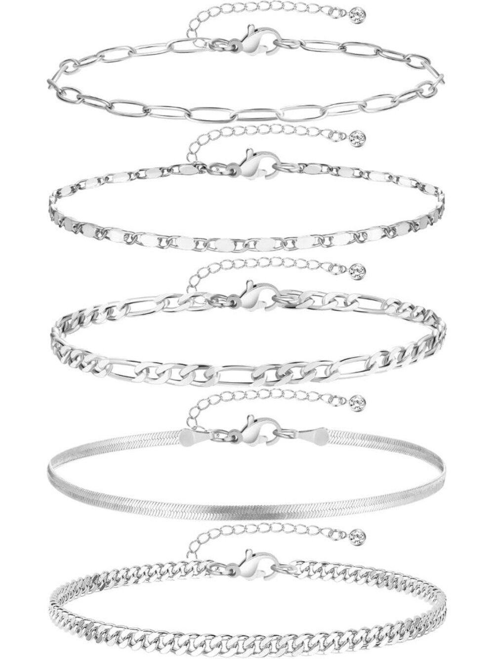 Women's Silver Plated Waterproof Cuban Link Chain Layered Anklet Bracelets